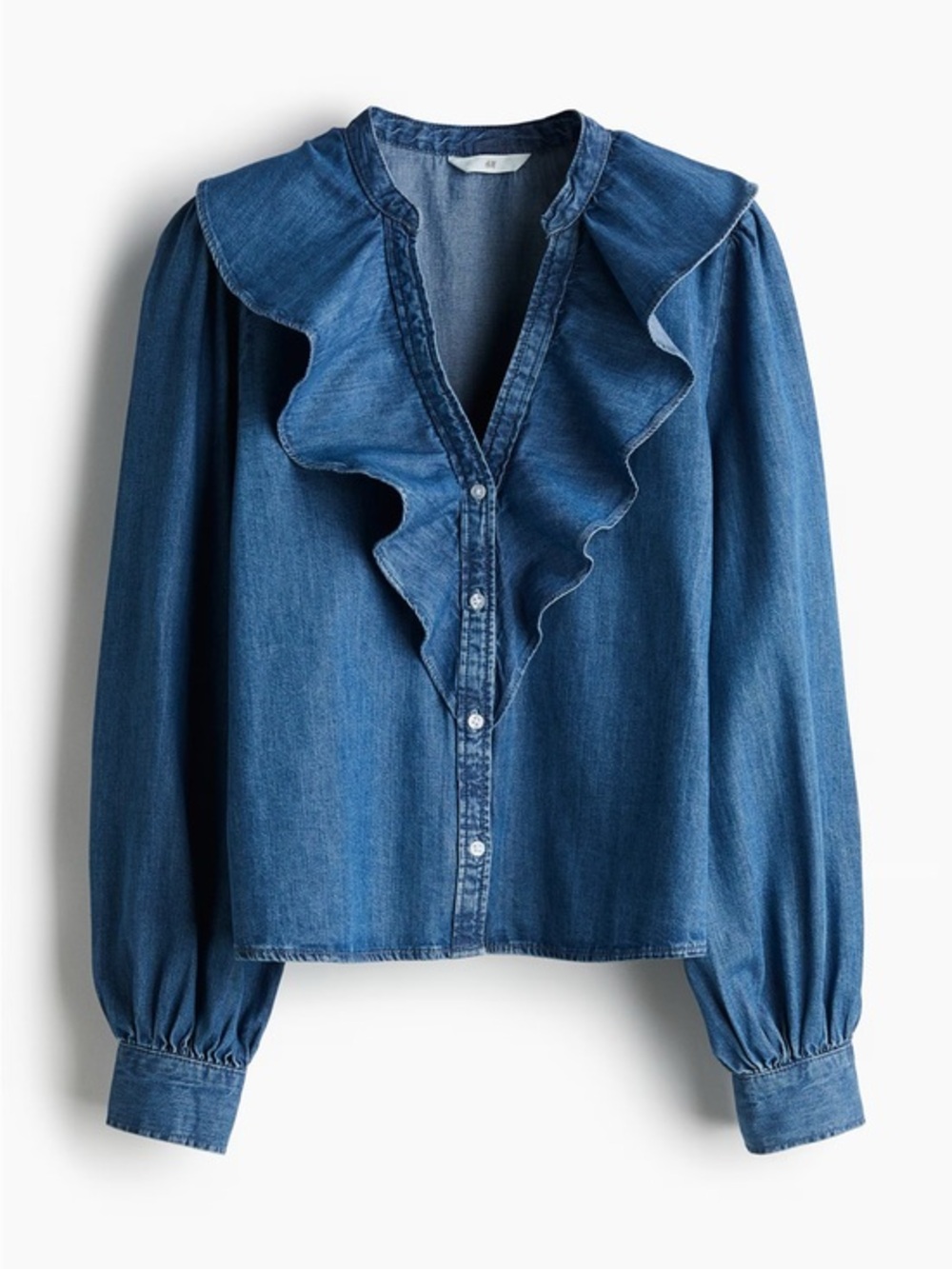H&M Blue Denim Ruffle-Front Button Shirt